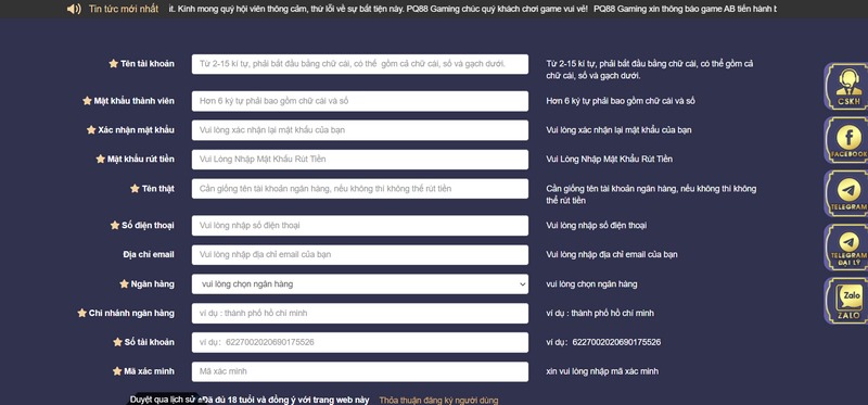 Đăng ký PQ88 nhanh chóng chỉ cần vài thao tác đơn giản 2 Nhập Biểu Mẫu Đăng Ký Pq88 Đầy Đủ Tất Cả Các Thông Tin Yêu Cầu