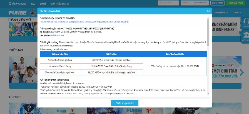 Khuyến mãi Fun88 - Đa dạng sự kiện siêu khủng tại nhà cái 7 Khuyến Mãi Fun88 Thưởng Thêm Nếu Cược Trận Newcastle United
